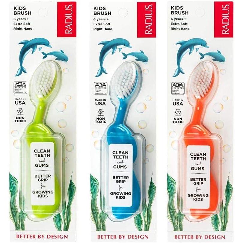 image:imageRADIUS Childrens Toothbrush Kids Brush Extra Soft Bristles Right Handed GreenBlueOrange BPA Free amp ADA Accepted Designed to Clean Delicate Teeth amp Gums for Children 6 Years amp Up Pack of 3Green Blue Orange