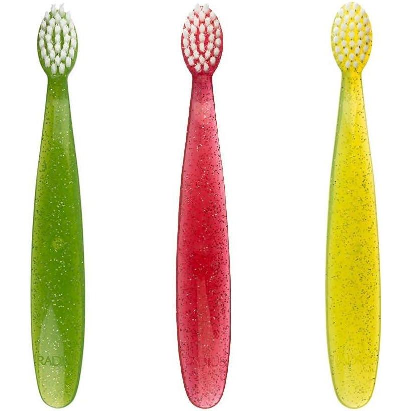 image:imageRADIUS Childrens Toothbrush Totz Brush Extra Soft Bristles GreenCoralYellow BPA Free amp ADA Accepted Designed for Delicate Teeth amp Gums for Children 18 Months amp Up Pack of 3GreenCoralYellow