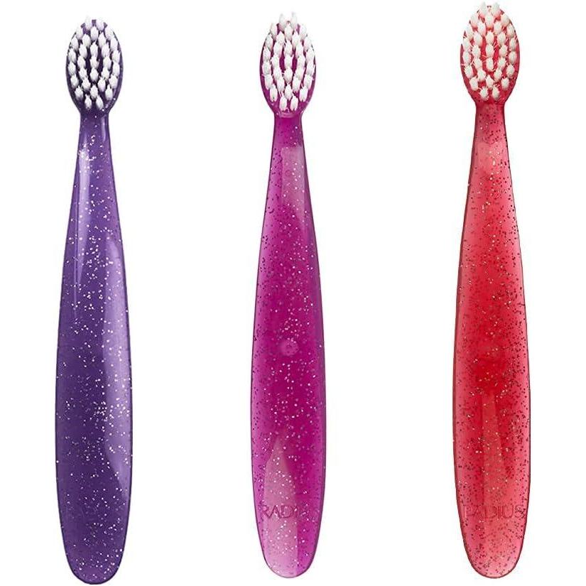 image:imageRADIUS Childrens Toothbrush Totz Brush Extra Soft Bristles GreenCoralYellow BPA Free amp ADA Accepted Designed for Delicate Teeth amp Gums for Children 18 Months amp Up Pack of 3PurplePinkCoral