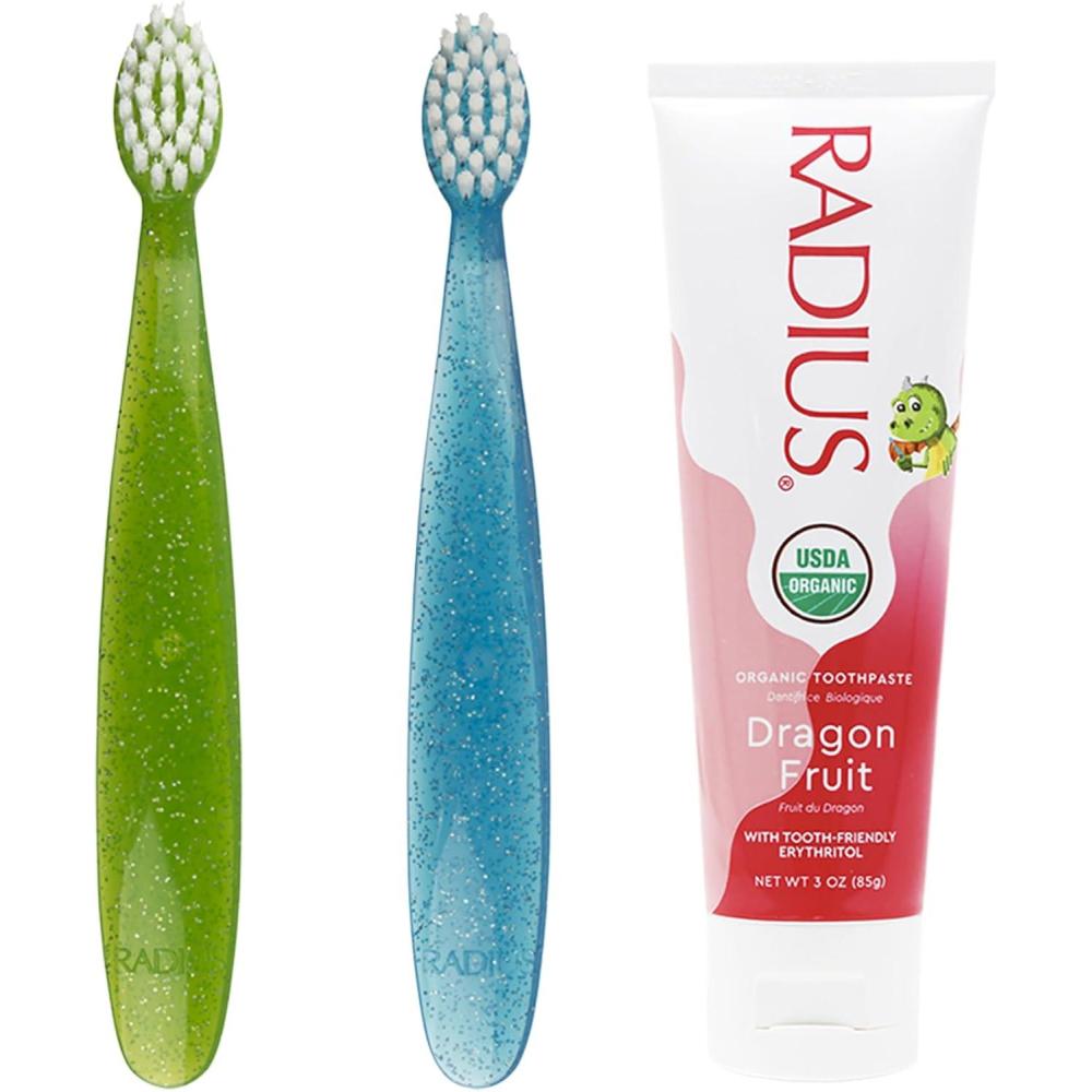 image:imageRADIUS Toddler Toothbrush and Toothpaste Bundle for Kids 2 Pack Totz Extra Soft Brush in Blue and Green Sparkle and 1 Count Dragon Fruit Toothpaste for Children 18 Months and Up