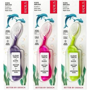 RADIUS Children’s Toothbrush, Kids Brush, Extra Soft Bristles, Right Handed, Green/Blue/Orange, BPA Free & ADA Accepted, Designed to Clean Delicate Teeth & Gums for Children 6 Years & Up, Pack of 3(Pink/ Purple/ Green)